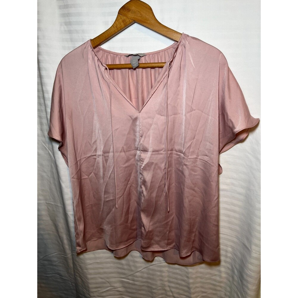 H&M Womens Satin Blouse Medium Pink Short Sleeve V Neck Tie Front Flowy